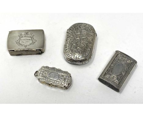 FOUR VICTORIAN SILVER VESTA CASES, HILLIARD & THOMASON, BIRMINGHAM, 1874-1880 one small shaped oblong example, bright-cut pat