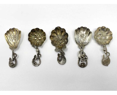 A GROUP OF FIVE VICTORIAN SILVER CADDY SPOONS, HILLIARD & THOMASON, BIRMINGHAM, 1855-77 the shaped bowls diversely stamped wi