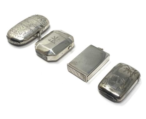 FOUR VICTORIAN SILVER VESTA CASES, HOWARD JAMES, BIRMINGHAM, 1877-1888 one rounded oblong, one side covered in scroll foliage