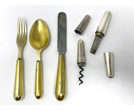 A GROUP OF VICTORIAN SILVER TRAVEL ACCESSORIES comprising: a three-piece frosted silver-gilt cutlery set, with screw-in taper