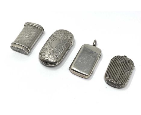 FOUR VICTORIAN SILVER VESTA CASES, 1874-1887 one plain oblong box form, stike either side of hinge, suspension ring applied t