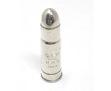 A VICTORIAN SILVER 'BULLET' VESTA CASE, JOHNSON, SONS & EDMONDS, LONDON, 1882 realistically modelled as a rifle cartridge, en