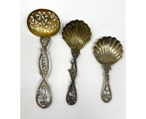 VICTORIAN SILVER CADDY, SUGAR AND SIFTER SPOONS, GEORGE UNITE, BIRMINGHAM, 1854/56/59 openwork trailing vine stems, shell bow