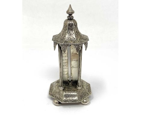 A VICTORIAN SILVER 'PAVILION' THERMOMETER, GERVASE WHEELER, BIRMINGHAM, 1841 the octagonal stand with a scroll foliate flat-c