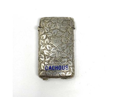 A VICTORIAN SILVER PATENT COMBINATION CACHOUS AND VESTA CASE, MARRIAN & TYE, BIRMINGHAM, 1887 oblong, covered in engraved lea