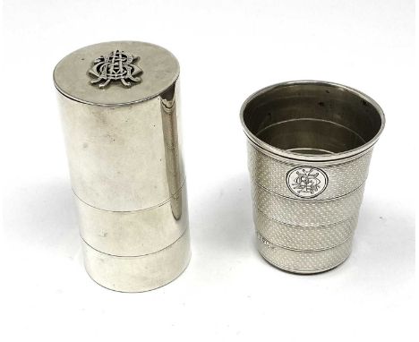 A VICTORIAN SILVER TRAVELLING CONDIMENT CYLINDER AND A COLLAPSIBLE BEAKER, WRIGHT & DAVIES, LONDON, 1870 / 74 RESPECTIVELY th