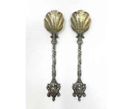 A PAIR OF VICTORIAN SILVER SALTERS' COMPANY SPOONS, SMITH & NICHOLSON, LONDON, 1858 the terminals as the arms of the company,