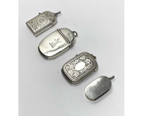 FOUR VICTORIAN SILVER PENDENT VESTA CASES, GEORGE UNITE, BIRMINGHAM, 1874-1881 all with suspension rings: one flattened oval 