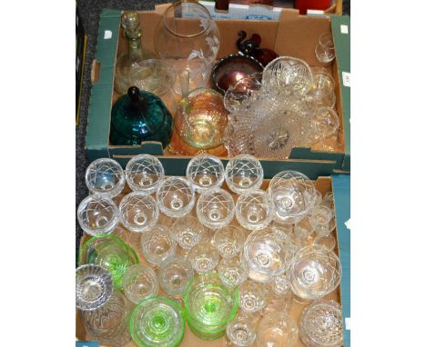 Glassware - a blue glass confectionary jar and cover; a ruby glass elephant; carnival glass sweet meat dish, others; cut glas