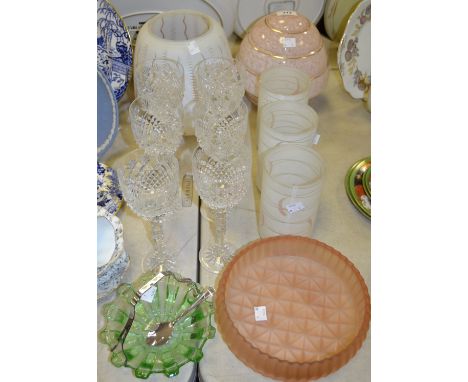 Glassware - a set of six cut glass hock glasses; a pink marble effect light shade; a green glass preserve dish; etc. qty.