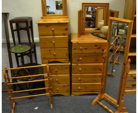 Contemporary Pine Furniture - a pine cheval mirror; a pair of three drawer bedside cabinets; pine towel rail; dressing mirror
