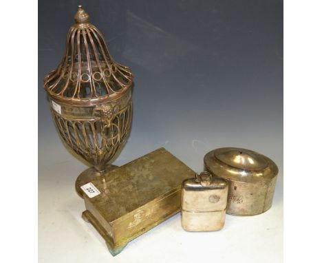 An 19th century silver plated confectionary jar holder, Ram mask drop swing handles; an 19th century electro plate copper loc