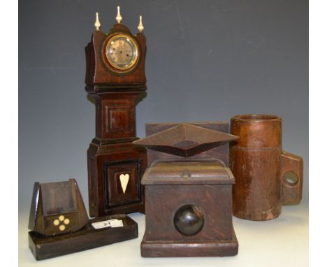 Boxes and Objects - a pocket watch stand in the form of a Longcase Clock; a matchbox holder; a money box; etc