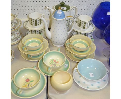Ceramics - a Susie Cooper Assyrian Motif design coffee pot;  another blue snowflake;  four Neptune cups and saucers;  four gr