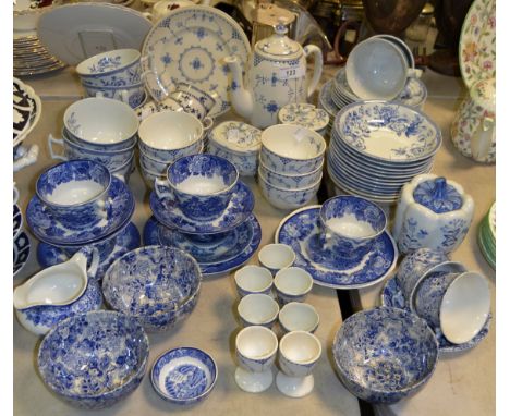 Blue and White Ceramics - Denmark pattern coffee pot, salad bowls, coffee cups and saucers;  etc qty 
