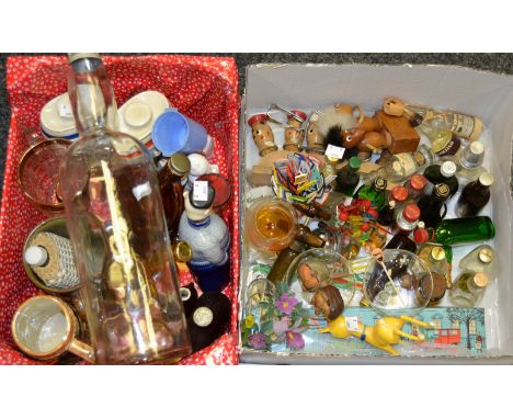 Breweryana - a Vintage Babycham advertising figure, novelty bottle toppers, Optimist and Pessimist, others;  ice tongs; tanka