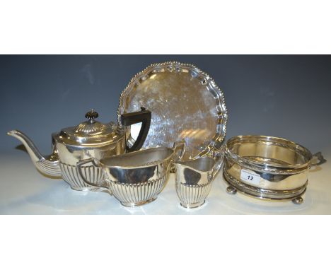 Silver Plated Ware - a silver plated stop fluted, ebonised finial, tea service; a silver plated card waiter, gadrooned border
