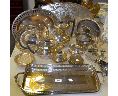 Silver Plated Ware - a four piece silver plated stop fluted tea service, ebonised finial; a ice bucket; a gallery tray chased