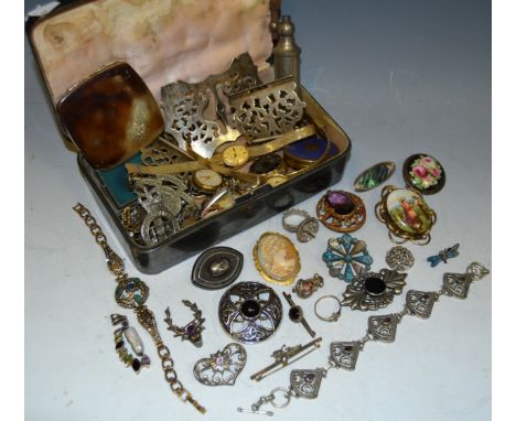 An Aesthetic movement pewter on copper jewellery box; an EPNS nurses buckle; ladies wristwatches; gold coloured dress ring; a