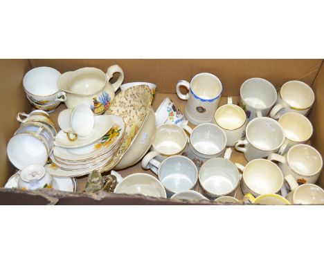 Ceramics - commemorative ware; Staffordshire Crown Derby part tea service, printed with Roses; Crinoline Lady; etc (1 box)