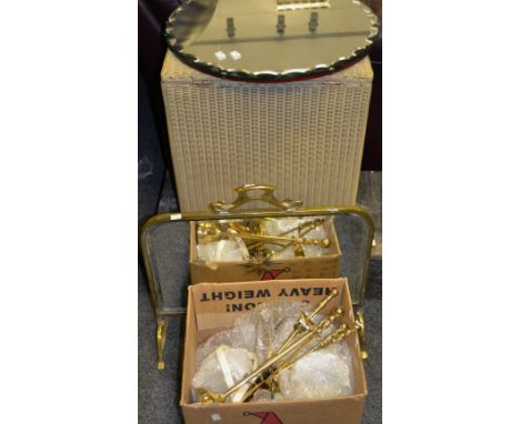 A Lloyd loom laundry basket; a contemporary brass ceiling light; an  early mid/ 20th Century mirrored fire guard; a brass fir