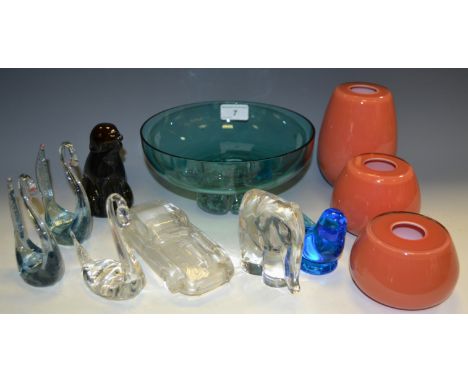 Studio Glass - a Wedgwood glass dog paperweight;  another Goebel elephant; a Zwiesel glass terracotta coloured trio of vases;