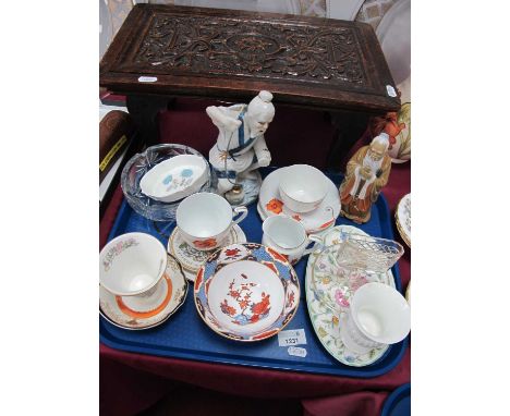 Minton 'Haddon Hall' Dish, glass match holder, Spode bowl, Japanese figures:- One Tray together with a carved oak stool.