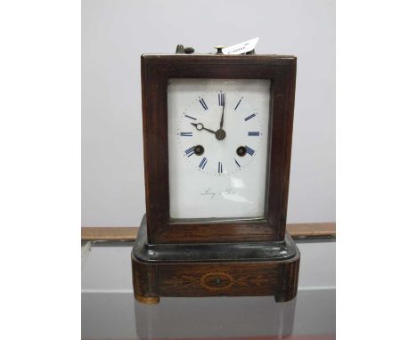 XIX Century French Rosewood Inlaid Mantel Clock, stamped 'Leroy Paris' to back of dial, with carrying handle, white dial with