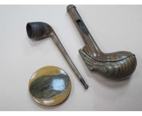 Treen Smokers Pipe stamped 'Makenzie, Edinburgh' with case, treen circular pincushion featuring Barbers Hill Llangollen.