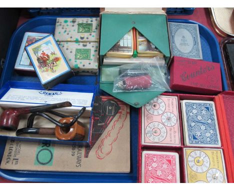 Bezique, Canasta, other Playing Cards, counters, civic smokers pipe. Milbro 1938-9 model railway catalogue:- One Tray.