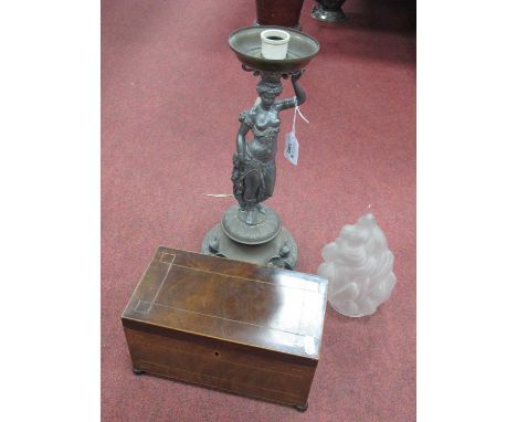 XIX Century Mahogany Inlaid Tea Caddy, on bun feet; together with a XIX Century soft metal centrepiece (converted).