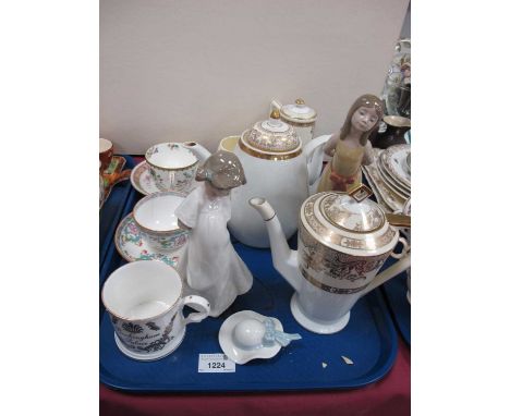 Noritake (x 2) and Bohemia Coffee Pots, Lladro and Nao figurines, other ceramics:- One Tray.