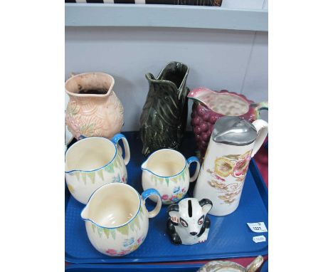 Burleigh Ware, jug with grape decoration, Crown Devon three graduated jugs, etc:- One Tray.