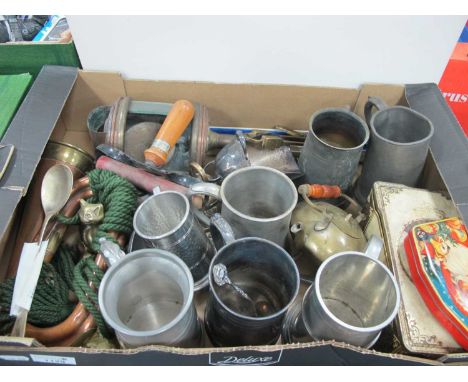 Metalware - tankards, vintage tins, copper and brass bugle, etc:- One Box