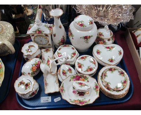 Royal Albert 'Old Country Roses' China, including ginger jar, heart shape box, mantle clock, etc twenty-two pieces all first 