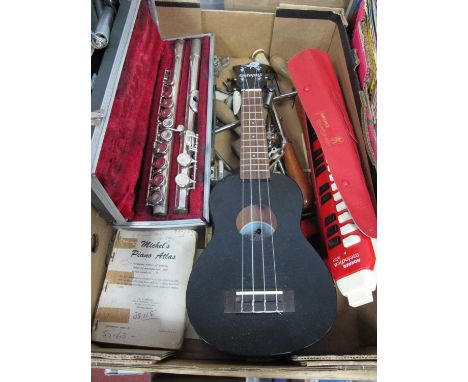 Cased Boosey &amp; Hawkes The Edgware Flute, Hohner melodica-alto, Octopus ukulele and a piano tuning kit, accessories:- One 