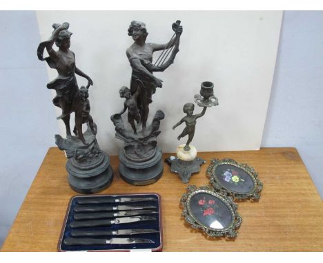 A Pair of XIX Century Spelter Figures 'La Danse' 'La Musique', pair frames, candlestick, cased knives etc:- One Tray