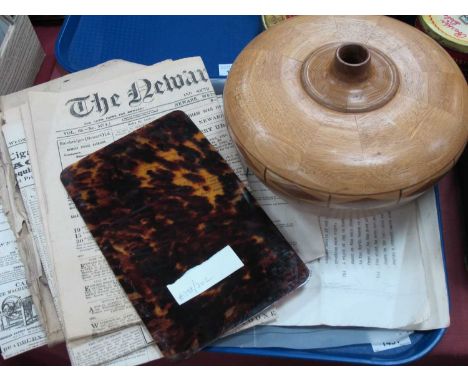 Handmade Parquetry Vase, Prudential Assurance documents, old newspapers other paper ephemera, rectangular trinket tray.