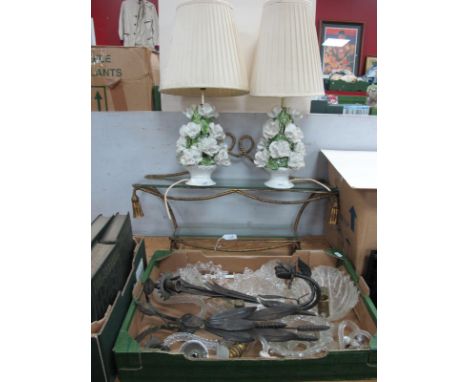 Pair of Bronzed Twin Branch Wall Lights, glass chandalier arms:- One Box. Pair of floral pottery table lamps, gilt metal shel