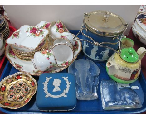 Royal Albert Old Country Roses, Wedgwood jasperware, Royal Crown Derby Imari trinket dish (chipped), glass paperweights, etc: