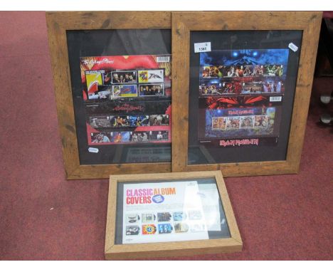Royal Mail Stamps - The Rolling Stones, Iron Maiden and classic album covers, all framed. (3)