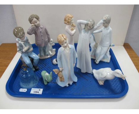 Nao figurines child with dog, child yawning, etc. two Royal Worcester 'and to bed' figurines, Copenhagen bell etc. One Tray