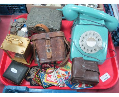 Carl Zeiss Binoculars, Kundo carriage clock, sew on badges, ornate metal jewellery box, coins, etc:- One Tray.BINOCULARS INSC