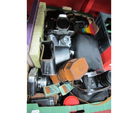 Zenit-E, Kodak Brownie, Pentax camera, digital cameras, cigarette cards etc:- One Box