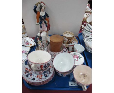 XIX Century Gaudy Welsh Cup-Saucers, XIX Century Staffordshire flat backs, etc:- One Tray