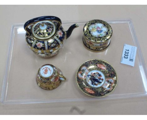 Royal Crown Derby Minature Kettle in The Imari 6299 Pattern, cup 2456, saucer 4591 and Staffordshire trinket pot.