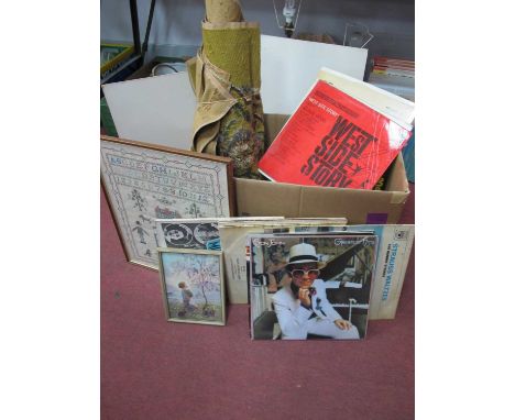 1981 Sampler, records, tapestry seat covers, prints, etc:- One Box.