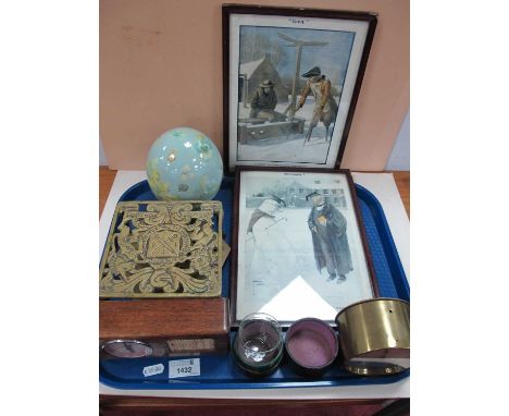 Bambi (Swiss Made) Mantel Clock/Musical clock, brass trivets, painted ostrich egg, pair of prints, brass eight-day clock, gla