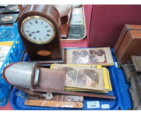 Early XX Century Mahogany Inlaid Mantel Clock, stereoscope viewer and cards:- One Tray