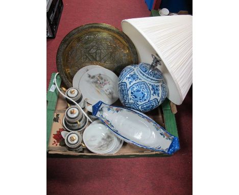 Chinese Style Blue and White Table Lamp, Noritake part tea service, brass tray, etc:- One Box